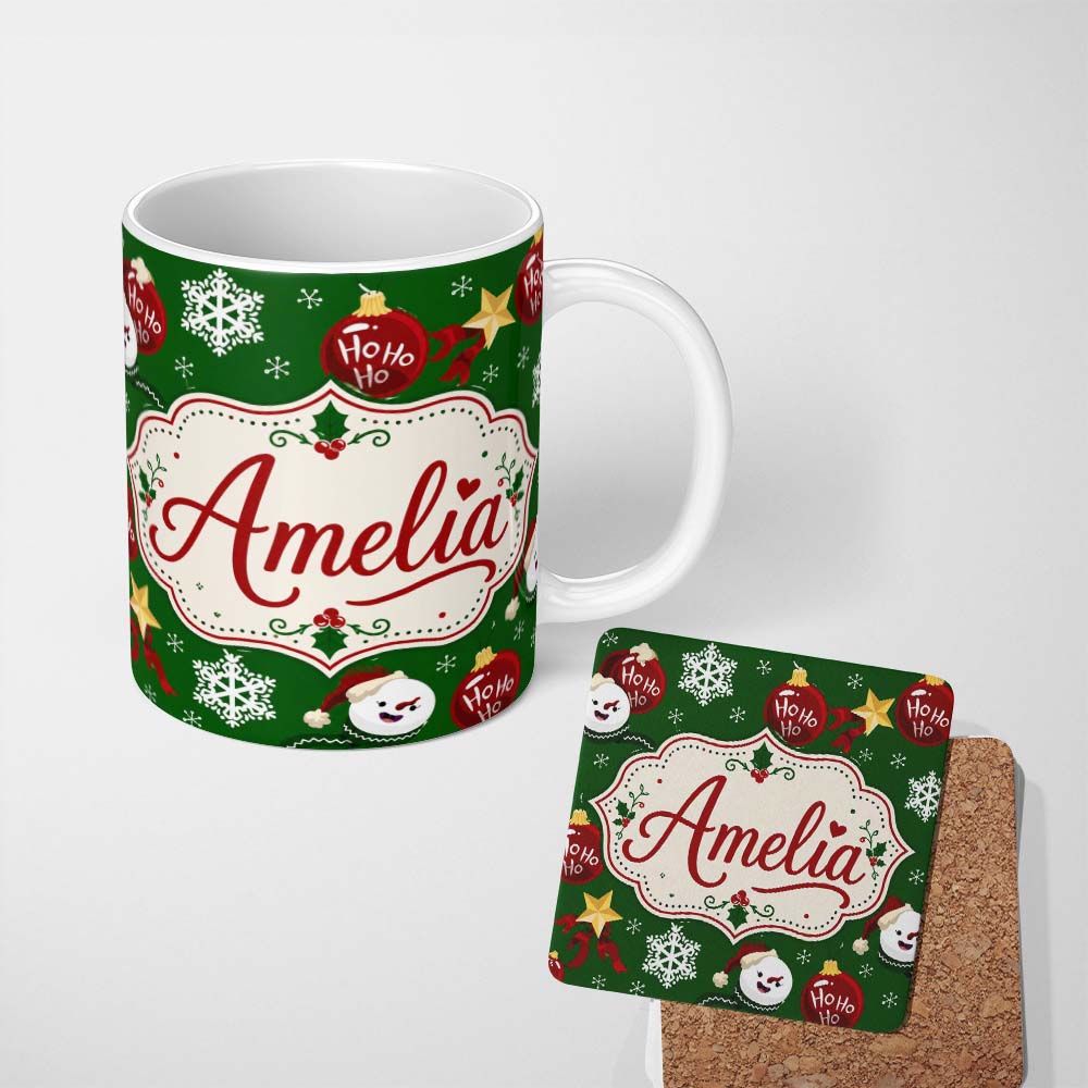 Personalized Custom Name Cute Snowman Ornament Star Snowflake Seamless Pattern Winter Lovely 11oz Ceramic Coffee Tea Mug White Large Handle