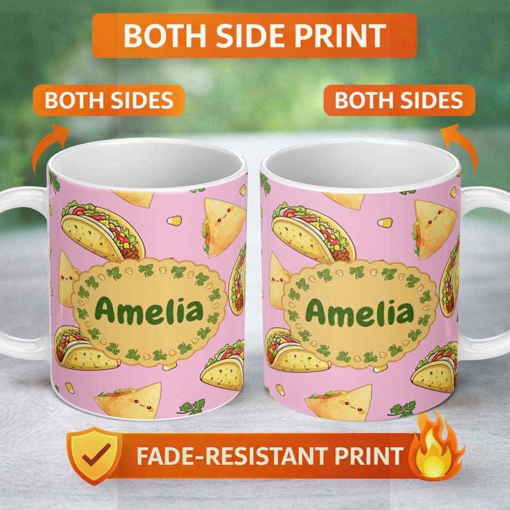 Personalized Custom Name Cute Kawaii Tacos and Wraps Seamless Pattern Bright Pink Background 11oz Ceramic Coffee Tea Mug White Large Handle