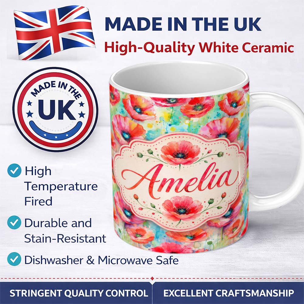 Personalized Custom Name Vibrant Artistic Poppy Flowers with Color Splash Seamless Pattern 11oz Ceramic Coffee Tea Mug White Large Handle