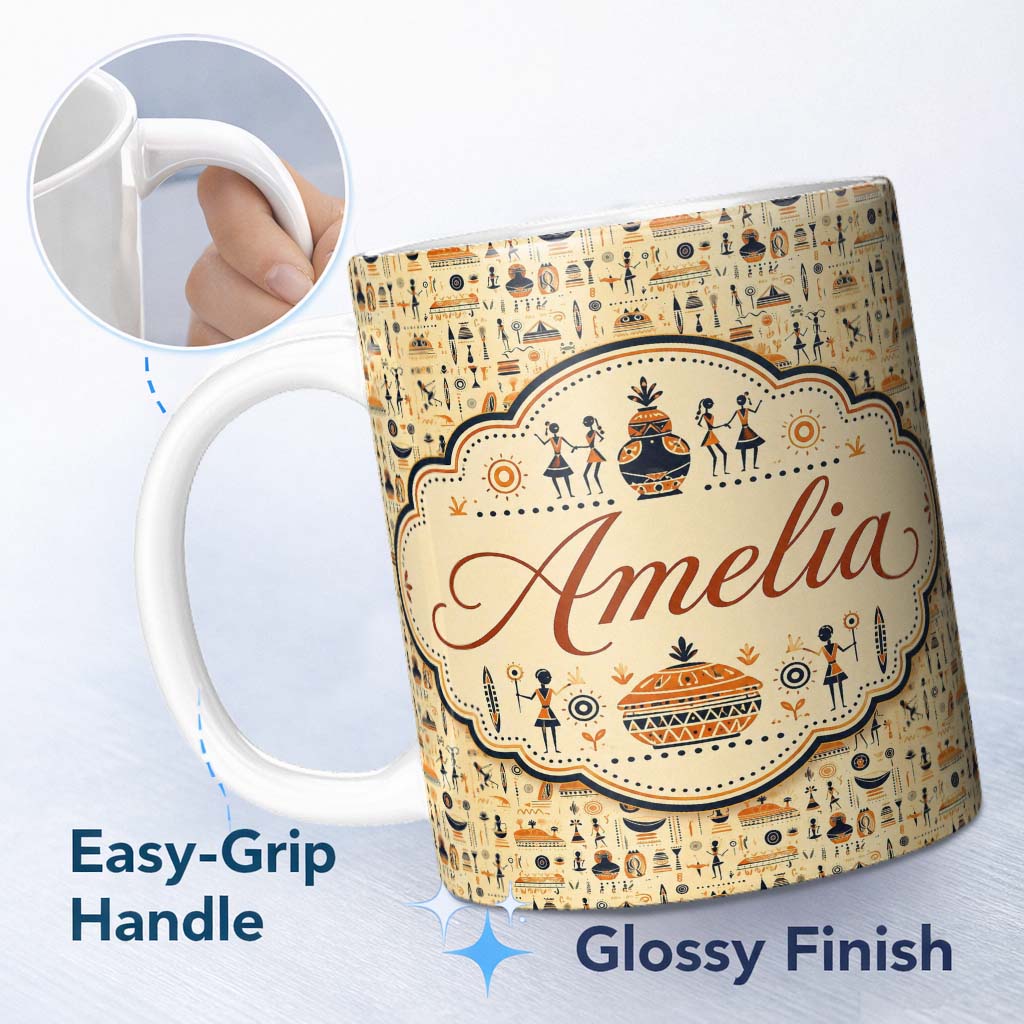Personalized Custom Name Ancient Egyptian with Figures Symbols and Pyramids in Warm Earth 11oz Ceramic Coffee Tea Mug White Large Handle