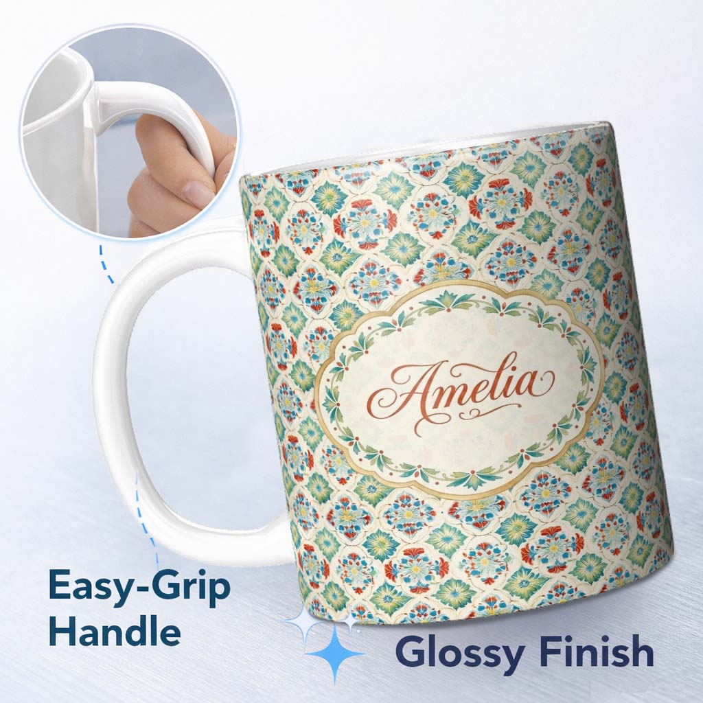 Personalized Custom Name Colorful Ornamental Floral Tile Red Blue and Green Seamless Pattern 11oz Ceramic Coffee Tea Mug White Large Handle