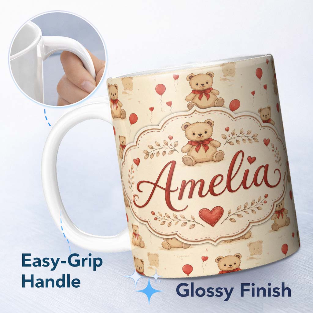 Personalized Custom Name Cute Teddy Bears with Red Balloons Vintage Style Seamless Pattern 11oz Ceramic Coffee Tea Mug White Large Handle