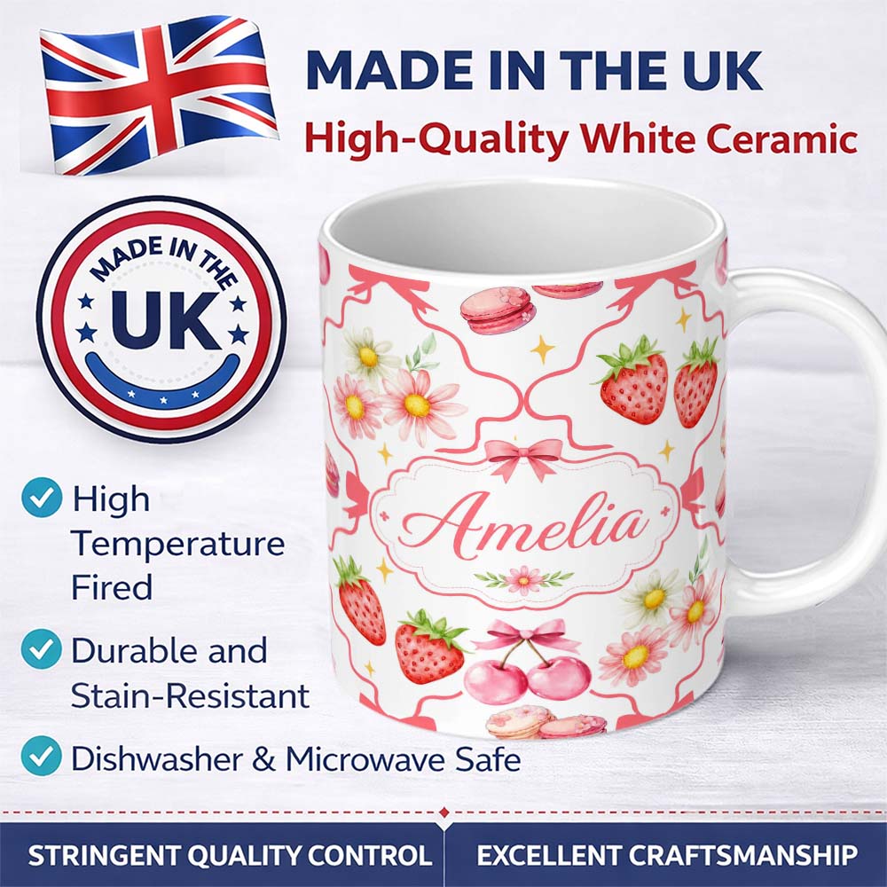 Personalized Custom Name Strawberry Cherry Daisy Floral Bow Sweet Dessert Coral Red Outline 11oz Ceramic Coffee Tea Mug White Large Handle