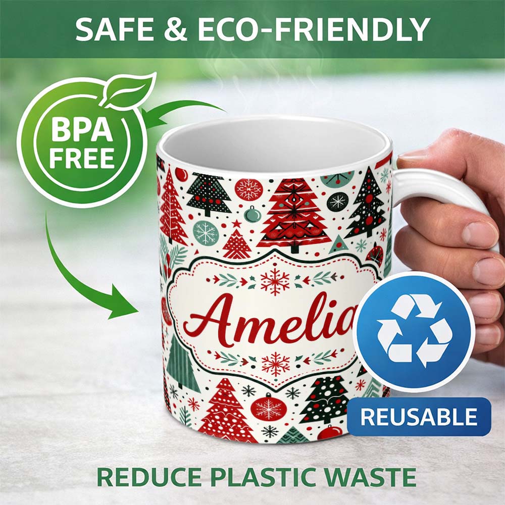 Personalized Custom Name Festive Red Green Christmas Trees with Snowflakes and Baubles Lovely 11oz Ceramic Coffee Tea Mug White Large Handle