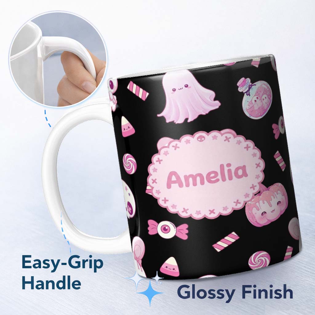 Personalized Custom Name Cute Pastel Goth Bunny Ghost Pumpkin Candy Pattern Soft Grey Lovely 11oz Ceramic Coffee Tea Mug White Large Handle