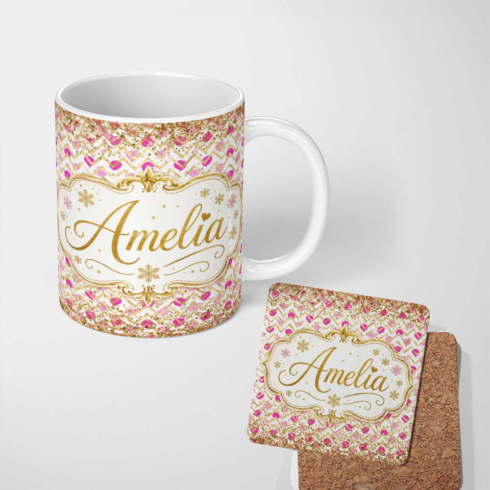 Personalized Custom Name Pink Gold Chevron Glitter Hearts Seamless Pattern Design Stylish 11oz Ceramic Coffee Tea Mug White Large Handle