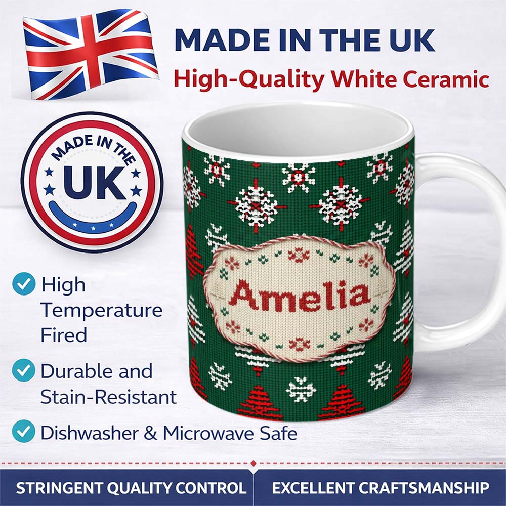 Personalized Custom Name Cute Green Knitted Christmas Tree Reindeer Snowflake Nordic Seamless 11oz Ceramic Coffee Tea Mug White Large Handle