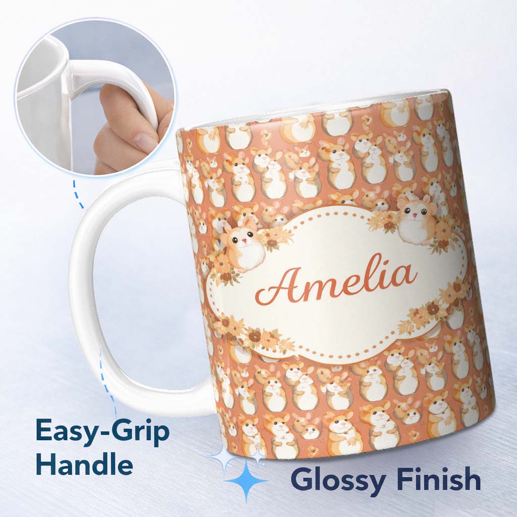 Personalized Custom Name Cartoon Hamster Family Warm Tone Seamless Pattern Cute Unique Gift 11oz Ceramic Coffee Tea Mug White Large Handle