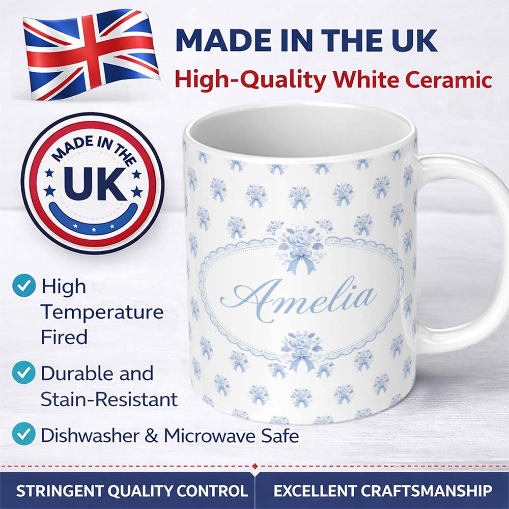 Personalized Custom Name Blue Rose Bow Tossed Floral Seamless Pattern Stylish Everyday Mug 11oz Ceramic Coffee Tea Mug White Large Handle