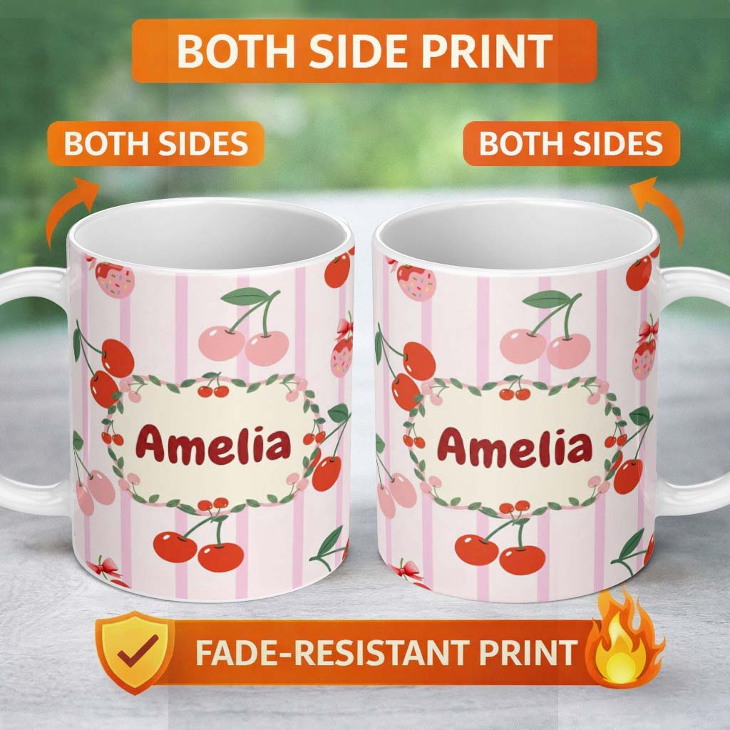 Personalized Custom Name Cute Cherry Fruit with Bow and Sprinkles Pattern Pink Stripe Lovely 11oz Ceramic Coffee Tea Mug White Large Handle