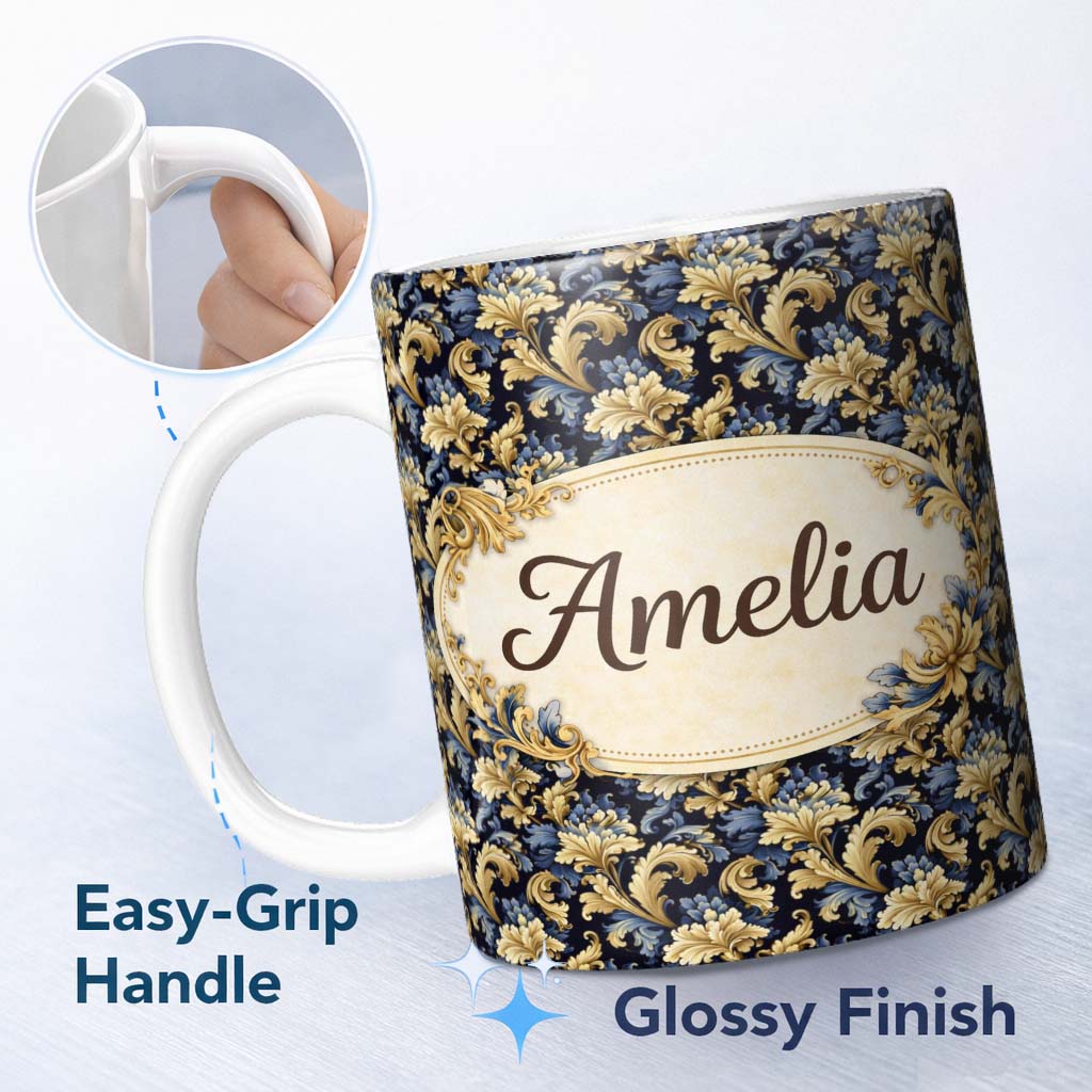 Personalized Custom Name Blue Gold Baroque Floral Seamless Pattern Luxury Vintage Ornamental 11oz Ceramic Coffee Tea Mug White Large Handle