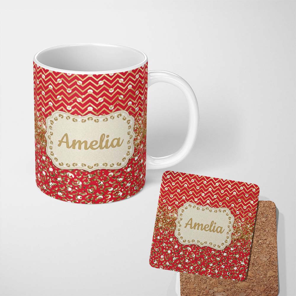 Personalized Custom Name Red Gold Chevron Leopard Glitter Christmas Seamless Pattern Lovely 11oz Ceramic Coffee Tea Mug White Large Handle