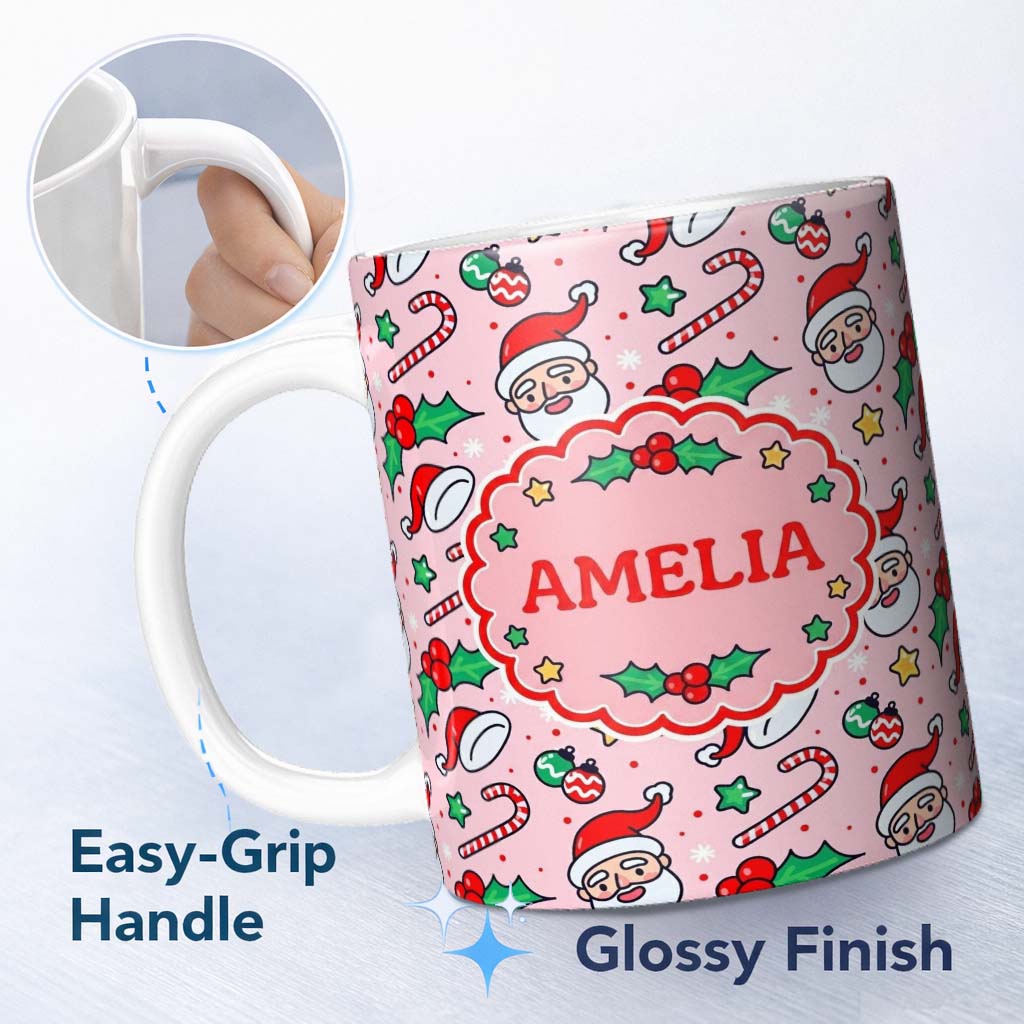 Personalized Custom Name Cute Santa Face Candy Cane Holly Berry Seamless Pattern Lovely 11oz Ceramic Coffee Tea Mug White Large Handle