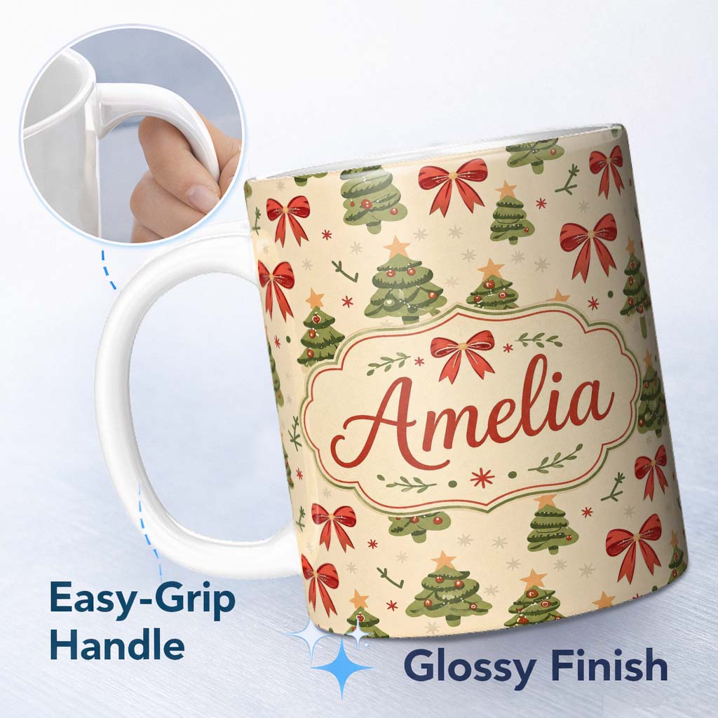 Personalized Custom Name Cute Christmas Trees Red Bows Festive Seamless Pattern Lovely 11oz Ceramic Coffee Tea Mug White Large Handle