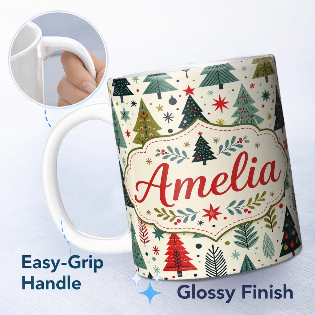 Personalized Custom Name Cute Scandinavian Christmas Tree Folk Art Seamless Pattern Lovely 11oz Ceramic Coffee Tea Mug White Large Handle