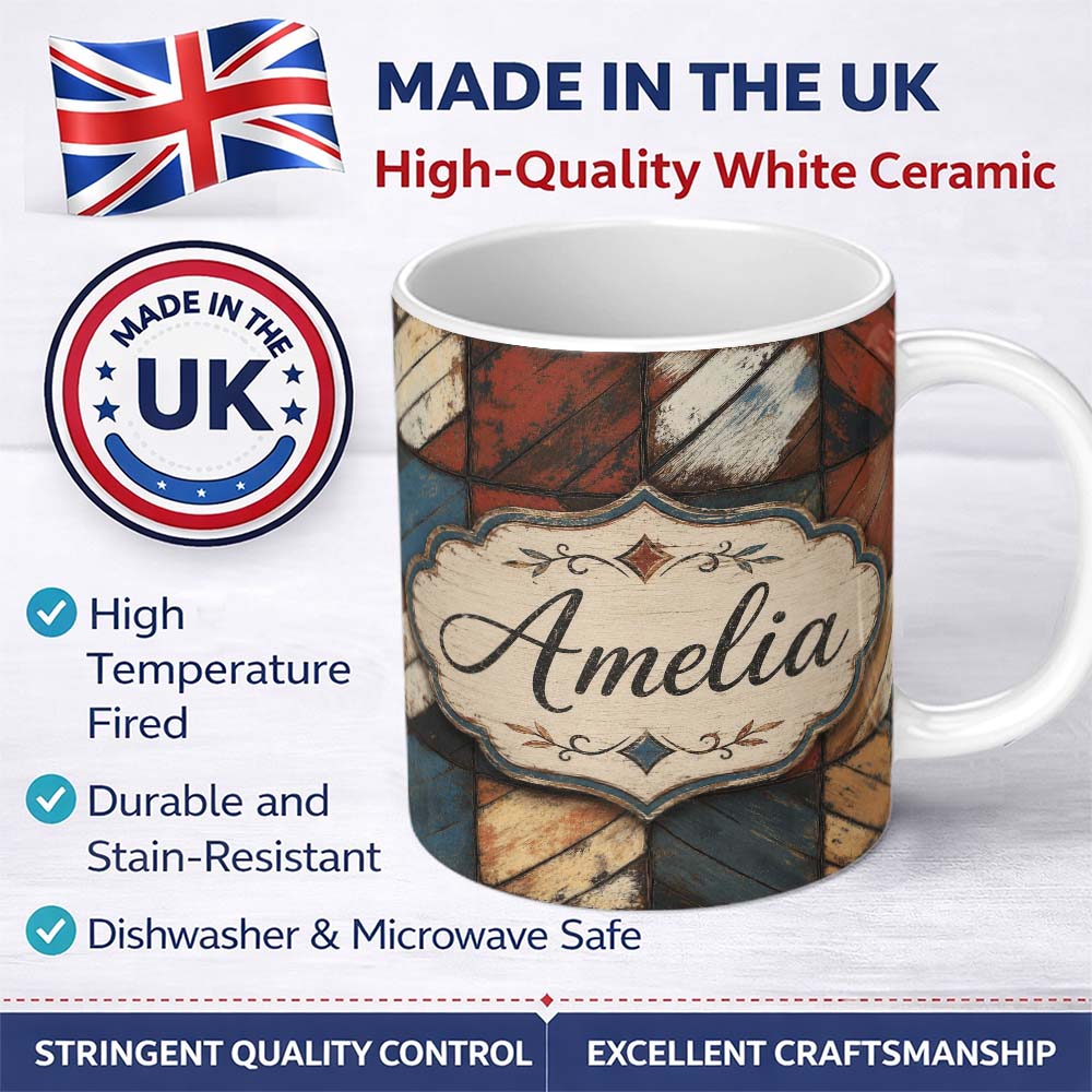 Personalized Custom Name Rustic Multicolor Wood Tile Geometric Patchwork Seamless Pattern 11oz Ceramic Coffee Tea Mug White Large Handle