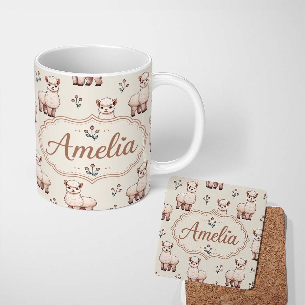 Personalized Custom Name Cute Alpaca Llama Pattern with Floral Sprigs on Cream Background 11oz Ceramic Coffee Tea Mug White Large Handle