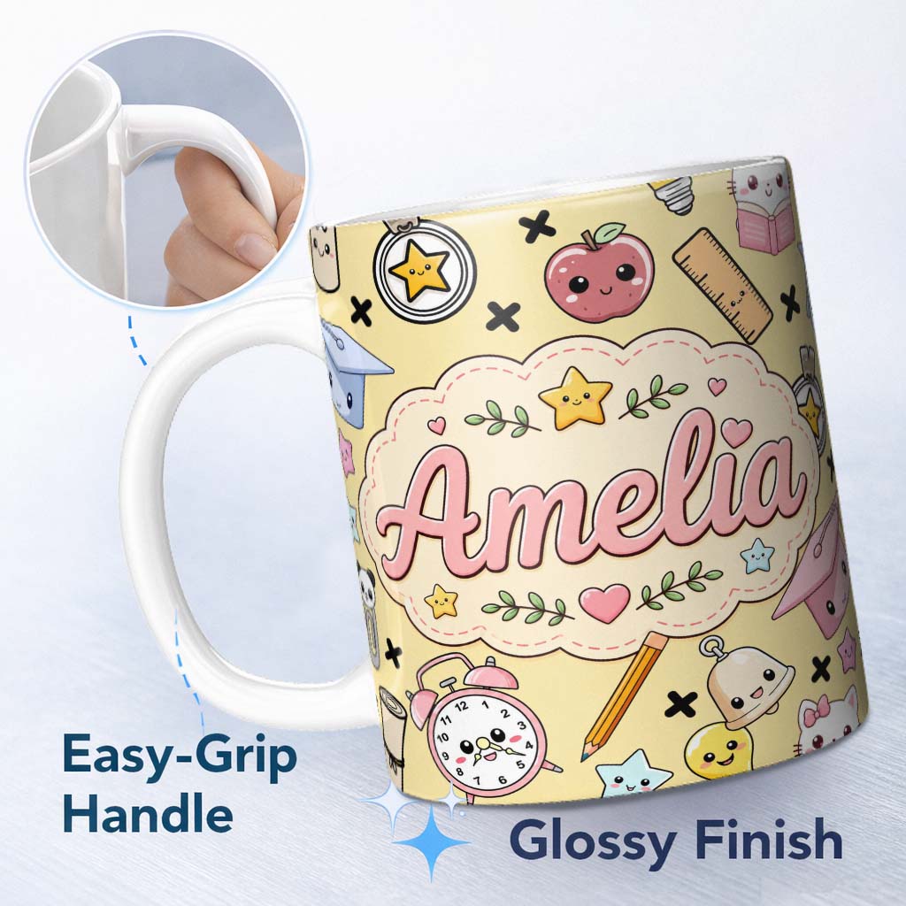Personalized Custom Name Cute Kawaii School Cat Books Apple Clock Supplies Pattern Yellow 11oz Ceramic Coffee Tea Mug White Large Handle