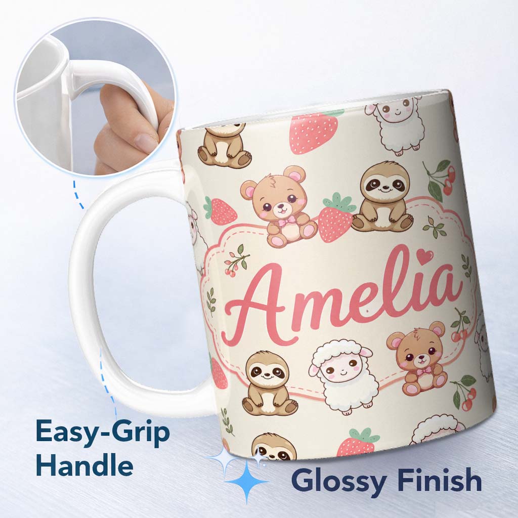 Personalized Custom Name Cute Cute Baby Animals Bear Sheep Sloth Strawberry Cherry Cream 11oz Ceramic Coffee Tea Mug White Large Handle