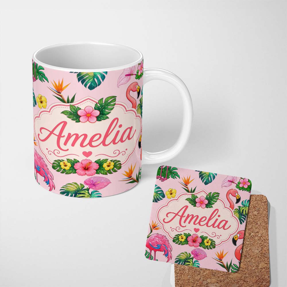 Personalized Custom Name Tropical Flamingo Bird with Exotic Flowers Leaves Blush Pink Lovely 11oz Ceramic Coffee Tea Mug White Large Handle