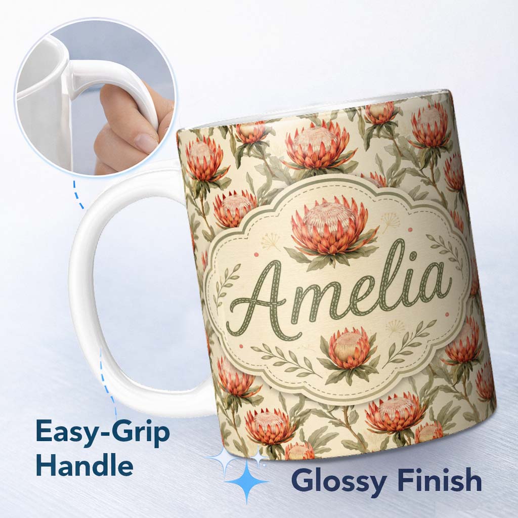 Personalized Custom Name Warm Orange Protea Flower Vintage Botanical Seamless Pattern Lovely 11oz Ceramic Coffee Tea Mug White Large Handle