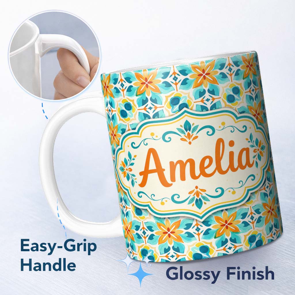 Personalized Custom Name Dark Floral Folk Pattern Orange Blue Seamless Pattern Lovely 11oz Ceramic Coffee Tea Mug White Large Handle