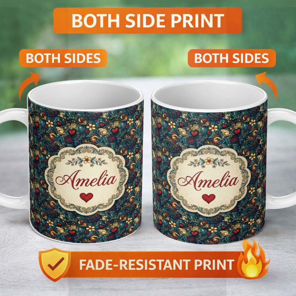 Personalized Custom Name Ornate Floral Swirl Hearts on Dark Background Decorative Seamless 11oz Ceramic Coffee Tea Mug White Large Handle