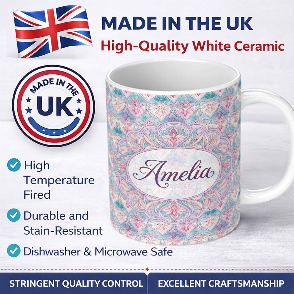Personalized Custom Name Pastel Art Nouveau Floral Soft Pink and Blue Seamless Pattern Lovely 11oz Ceramic Coffee Tea Mug White Large Handle