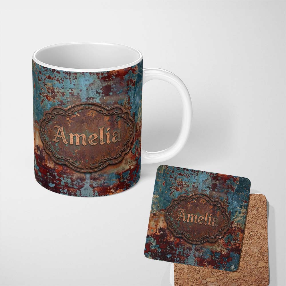 Personalized Custom Name Abstract Rust Patina Texture Teal Blue Oxidised Metal Grunge Lovely 11oz Ceramic Coffee Tea Mug White Large Handle