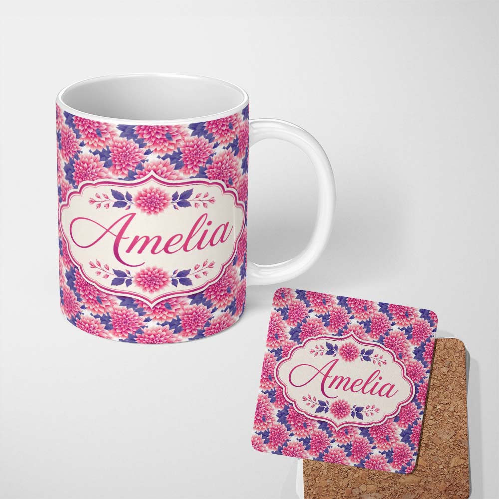 Personalized Custom Name Pink Dahlia Floral Bloom with Soft Purple Leaves Seamless Pattern 11oz Ceramic Coffee Tea Mug White Large Handle