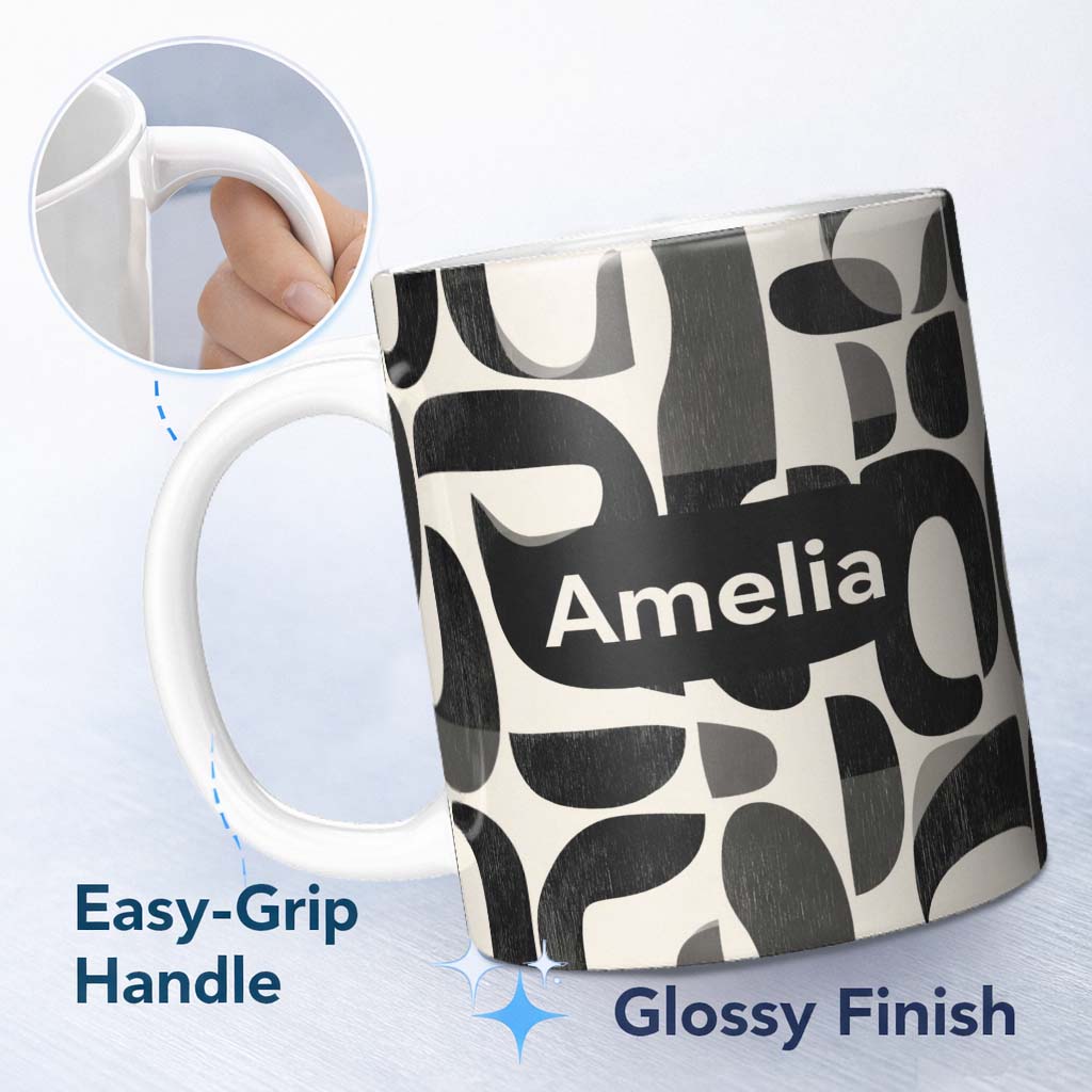 Personalized Custom Name Bold Curved Shapes Black Grey Modern Abstract Pattern Lovely 11oz Ceramic Coffee Tea Mug White Large Handle