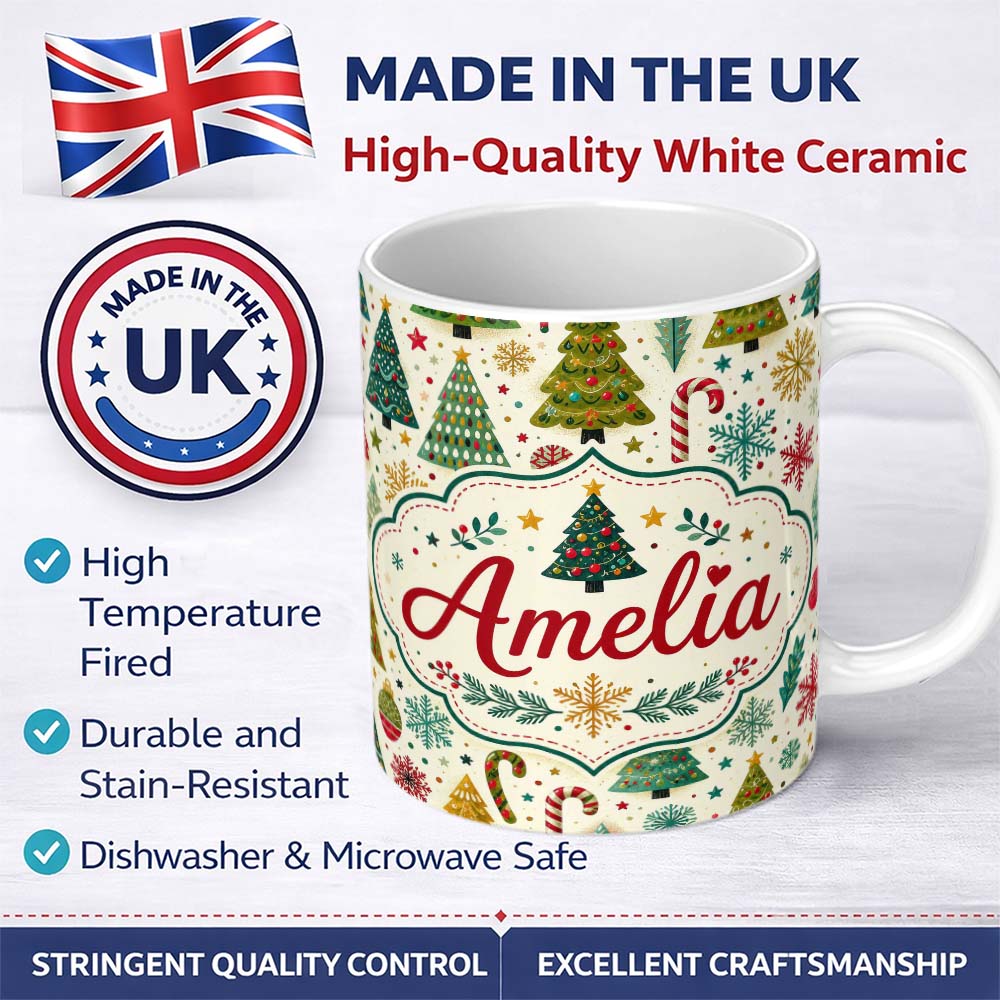 Personalized Custom Name Vintage Style Christmas Trees Snowflakes Candy Cane Seamless Pattern 11oz Ceramic Coffee Tea Mug White Large Handle