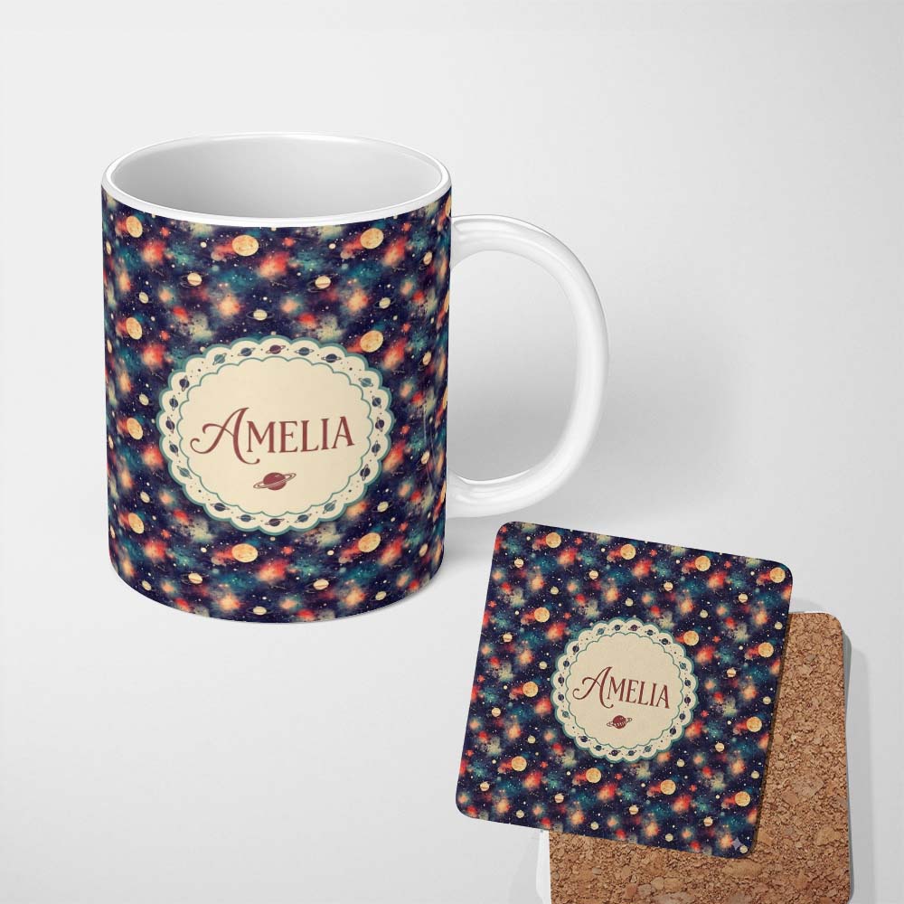 Personalized Custom Name Vibrant Galaxy Planets Nebula Space Seamless Pattern Dark Cosmic 11oz Ceramic Coffee Tea Mug White Large Handle