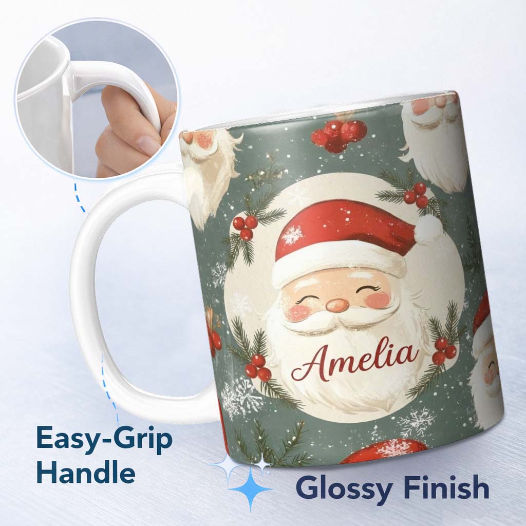 Personalized Custom Name Cute Santa Claus Face Snowflakes Festive Seamless Pattern Lovely 11oz Ceramic Coffee Tea Mug White Large Handle