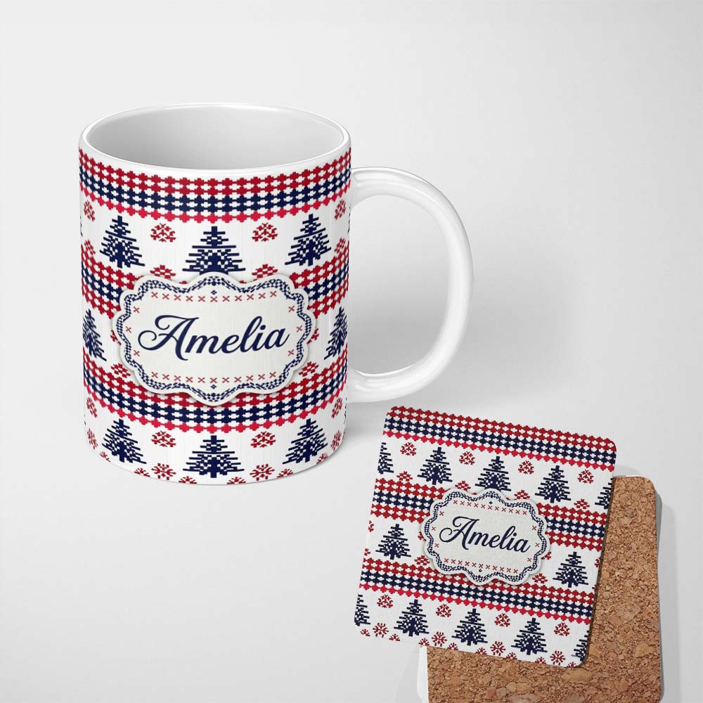 Personalized Custom Name Nordic Red Blue Christmas Tree Snowflake Seamless Pattern Lovely 11oz Ceramic Coffee Tea Mug White Large Handle