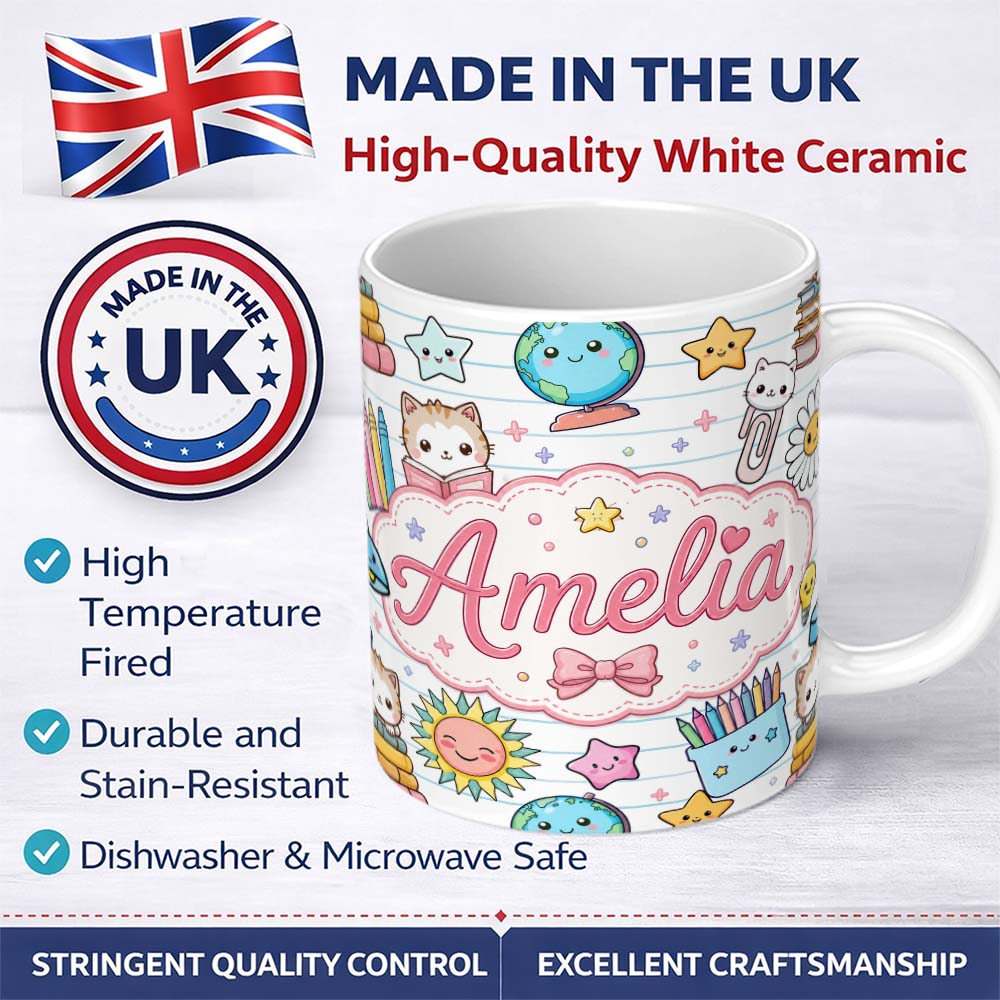 Personalized Custom Name Cute Kawaii School Cat Books Stationery Seamless Pattern Blue Lines 11oz Ceramic Coffee Tea Mug White Large Handle
