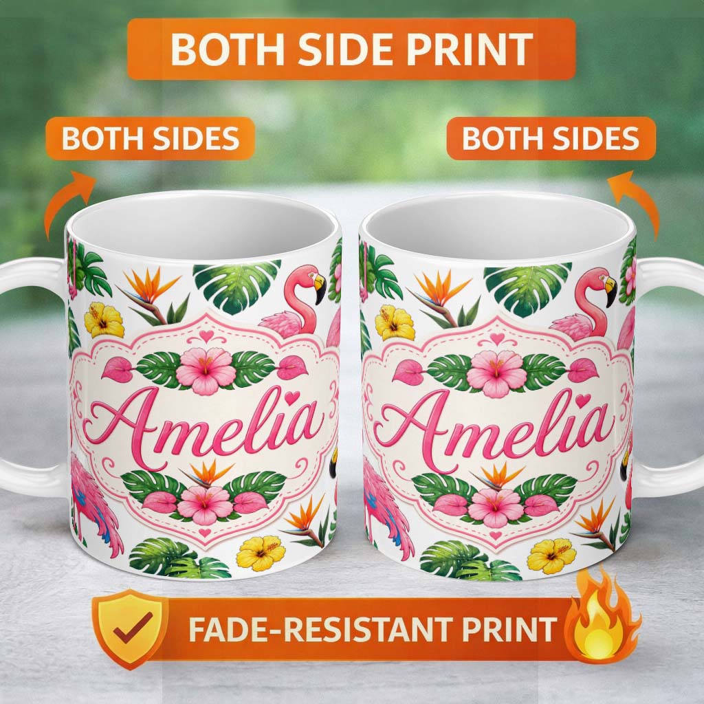 Personalized Custom Name Tropical Flamingo with Hibiscus Flowers and Leaves Light Grey Lovely 11oz Ceramic Coffee Tea Mug White Large Handle