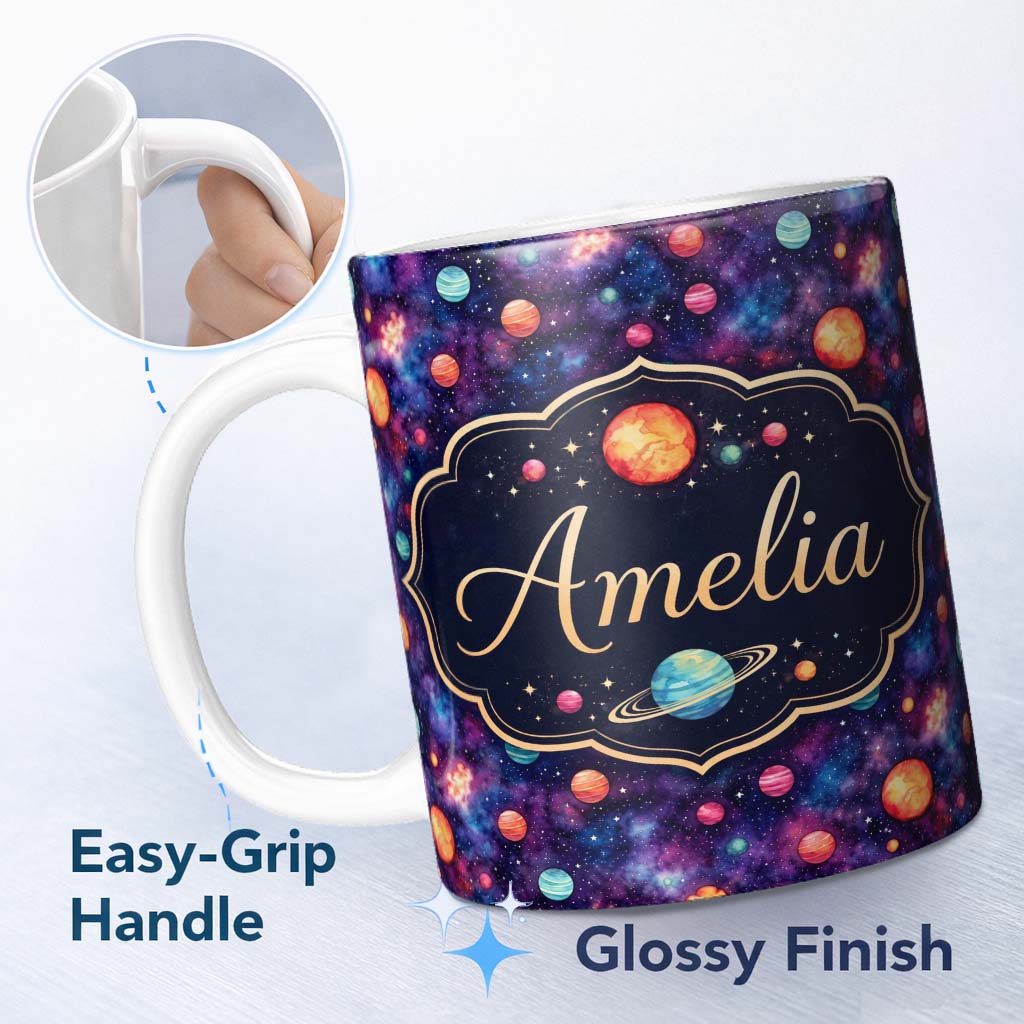 Personalized Custom Name Colorful Cartoon Planets Galaxy Purple Space Seamless Pattern Fun 11oz Ceramic Coffee Tea Mug White Large Handle