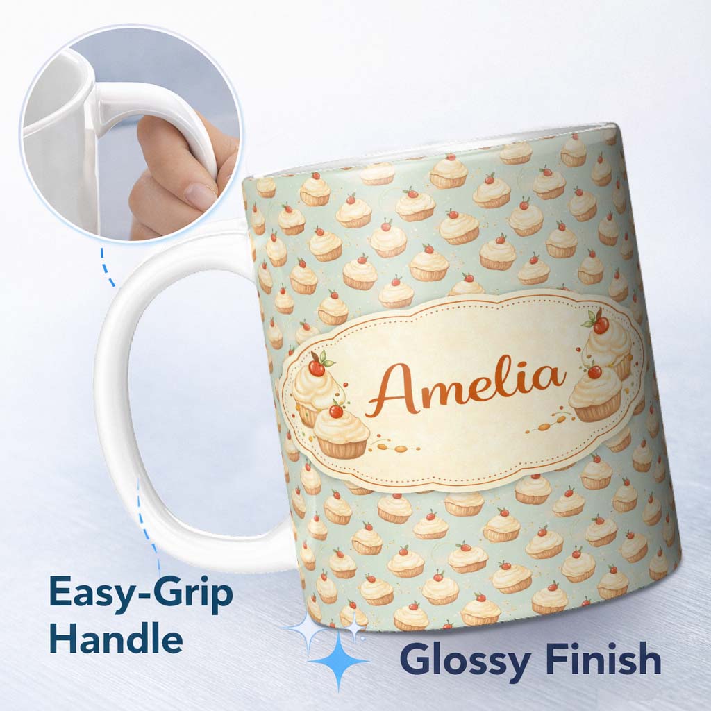 Personalized Custom Name Colorful Meringue Swirl Dessert Seamless Pattern Cute Unique Gift 11oz Ceramic Coffee Tea Mug White Large Handle