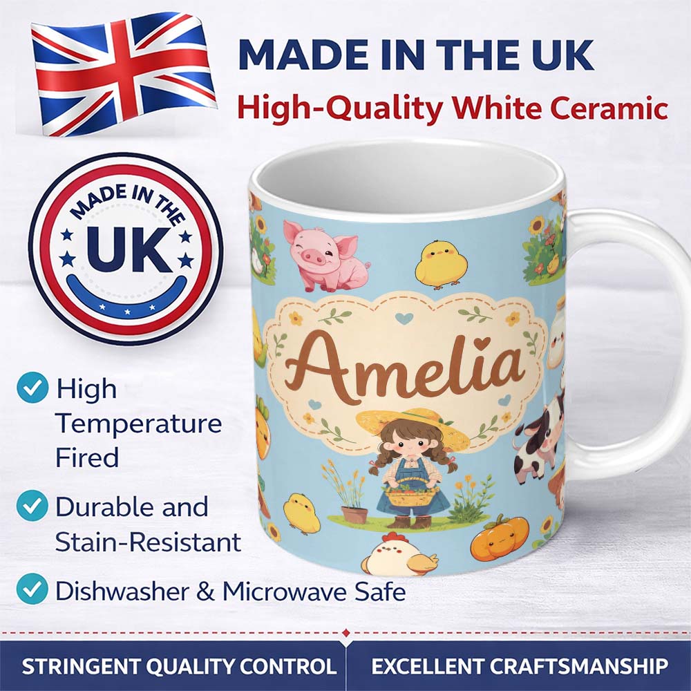 Personalized Custom Name Cute Farm Girl Animals Harvest Seamless Pattern Blue Background 11oz Ceramic Coffee Tea Mug White Large Handle