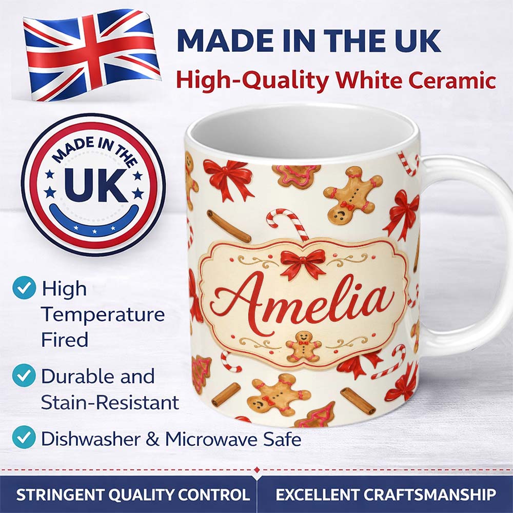 Personalized Custom Name Gingerbread Cookies Candy Cane Red Bow Sweet Seamless Pattern Lovely 11oz Ceramic Coffee Tea Mug White Large Handle