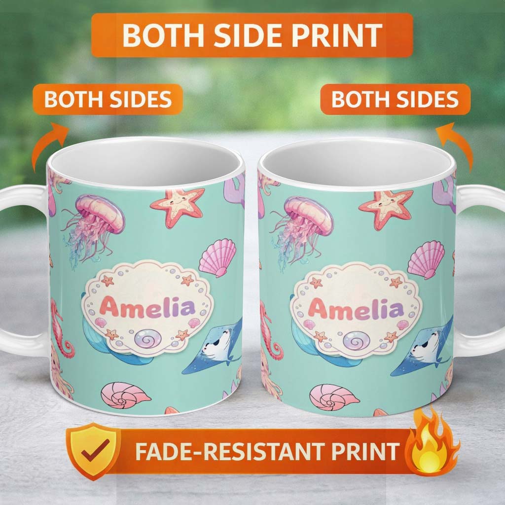 Personalized Custom Name Mermaid Ocean Friends Jellyfish Starfish Mint Green Background 11oz Ceramic Coffee Tea Mug White Large Handle