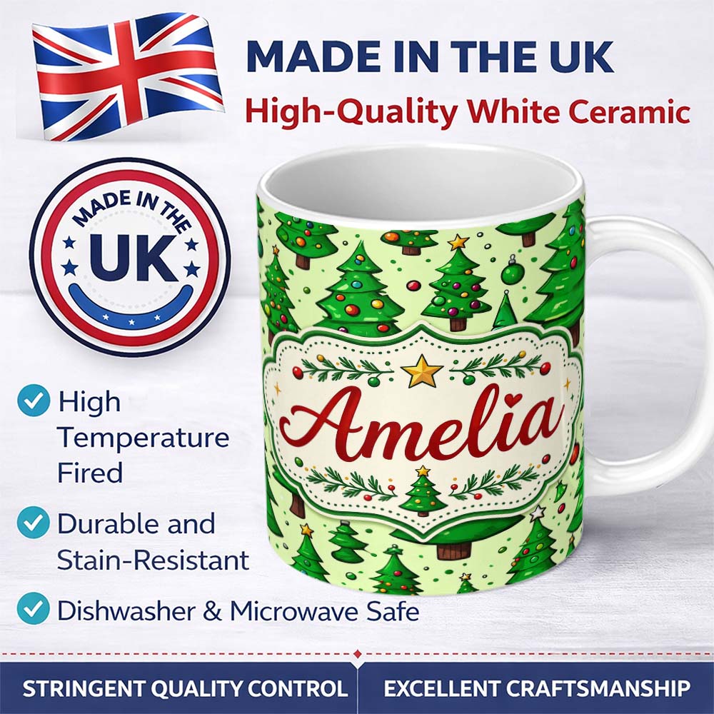 Personalized Custom Name Cartoon Style Christmas Trees with Ornaments and Stars Cute Seamless 11oz Ceramic Coffee Tea Mug White Large Handle
