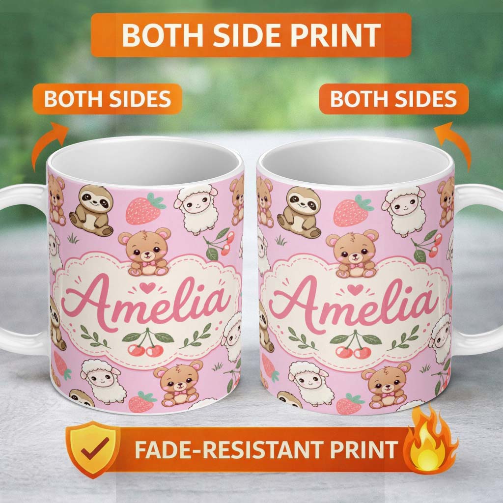 Personalized Custom Name Cute Baby Animals Bear Sheep Sloth Strawberry Cherry Pink Background 11oz Ceramic Coffee Tea Mug White Large Handle