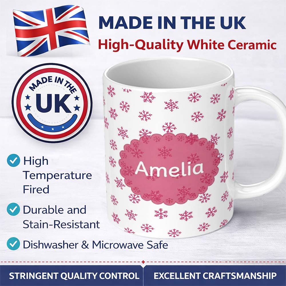 Personalized Custom Name Simple Pink Snowflake Polka Dot Winter Seamless Pattern Lovely 11oz Ceramic Coffee Tea Mug White Large Handle