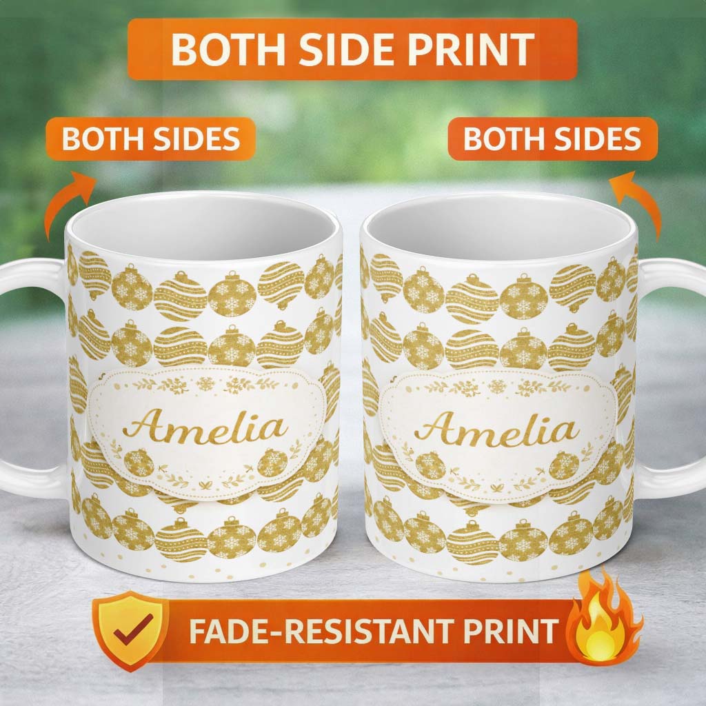 Personalized Custom Name Gold Christmas Baubles Glitter Festive Seamless Pattern Lovely 11oz Ceramic Coffee Tea Mug White Large Handle