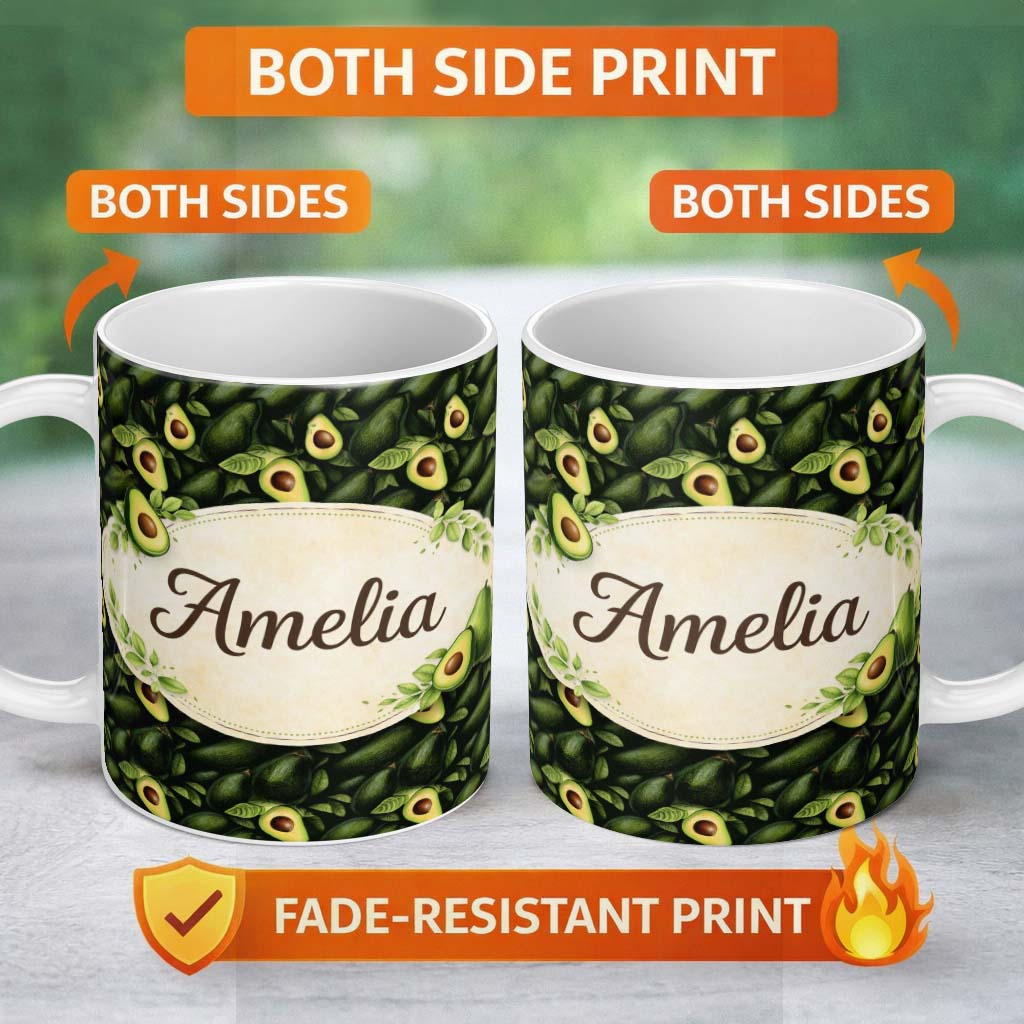 Personalized Custom Name Watercolor Avocado Leaf Pattern Perfect Gift for Her Lovely 11oz Ceramic Coffee Tea Mug White Large Handle