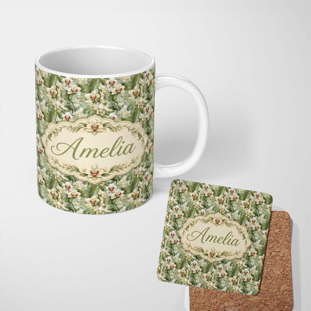 Personalized Custom Name Ivory and Green Orchid Botanical Pattern on Sage Background Elegant 11oz Ceramic Coffee Tea Mug White Large Handle