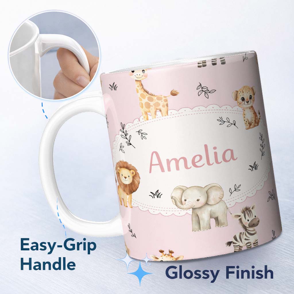 Personalized Custom Name Cute Baby Safari Animals Giraffe Lion Elephant Leopard Blush Pink 11oz Ceramic Coffee Tea Mug White Large Handle