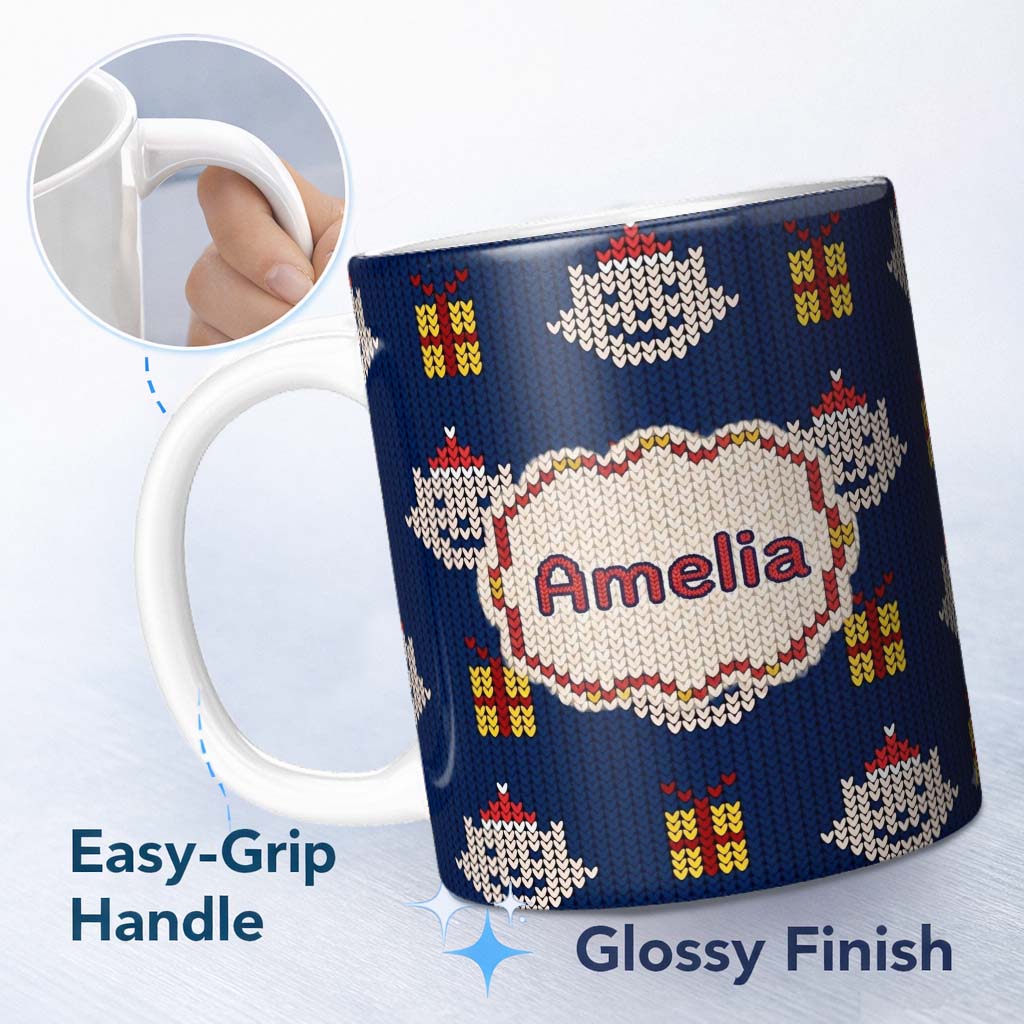 Personalized Custom Name Blue Knitted Christmas Ornament Gift Seamless Pattern Lovely 11oz Ceramic Coffee Tea Mug White Large Handle